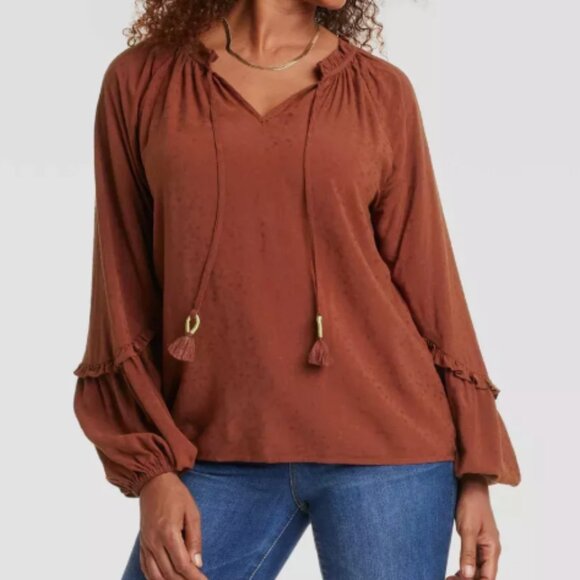 Knox Rose Womens L Brown Peasant Blouse V Neck Tassel Long Sleeve Boho Raglan. - Picture 1 of 8